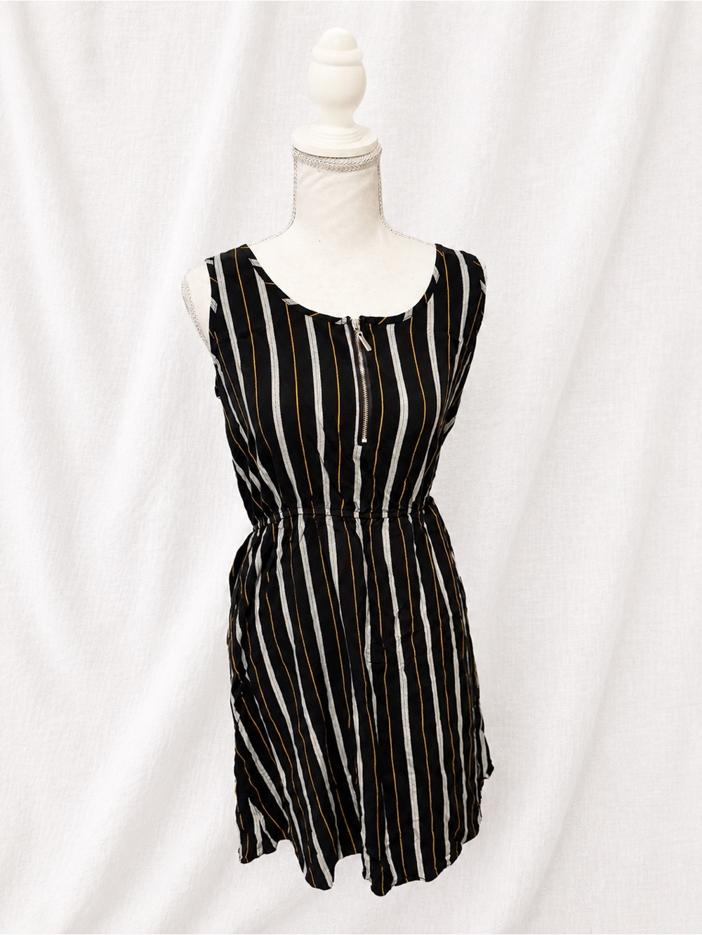Striped Sleeveless Black & White Drawstring Waist Dress